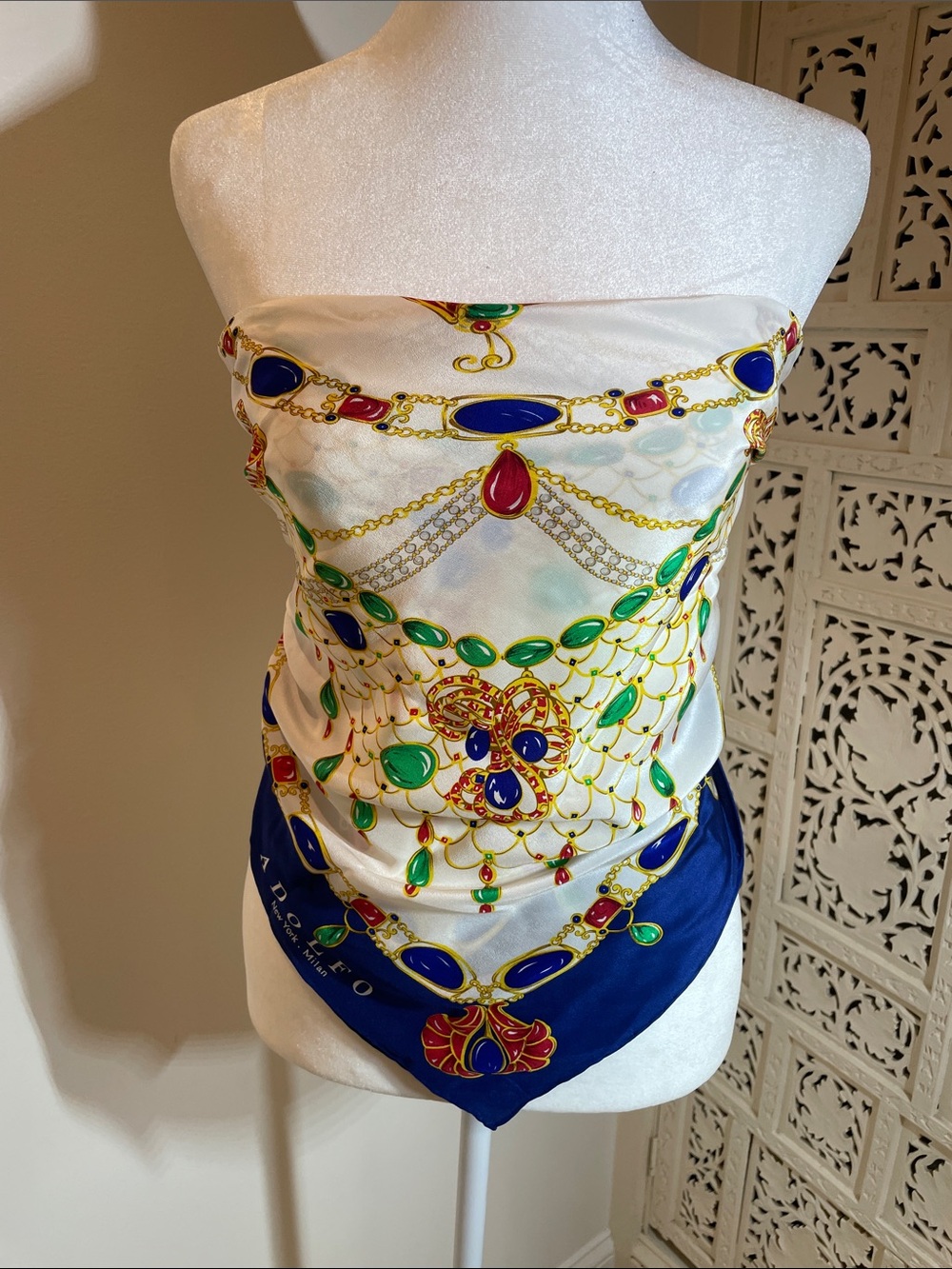 Adolfo Navy and Cream Silk Scarf with Jewel & Butterfly Motif